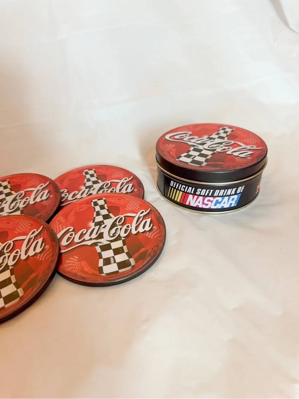 Coca-Cola NASCAR Coaster Set w/ Collectible Tin 6 Glass Coasters | Coke Racing